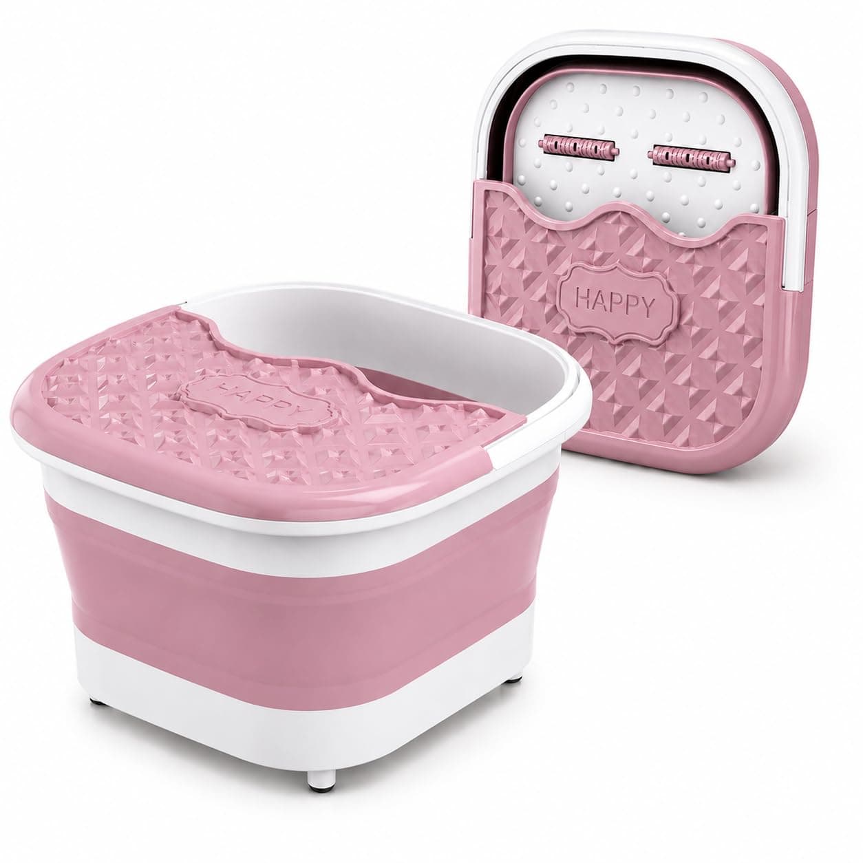 VOLTIXA Foldable Spa Bath Massager Tub with Massage Rollers – Collapsible Pedicure Bucket | Portable Foot Soak Basin with Acupressure Nodules | Space-Saving Home Foot Care Set with Free Slippers | For Women & Men (Pink)