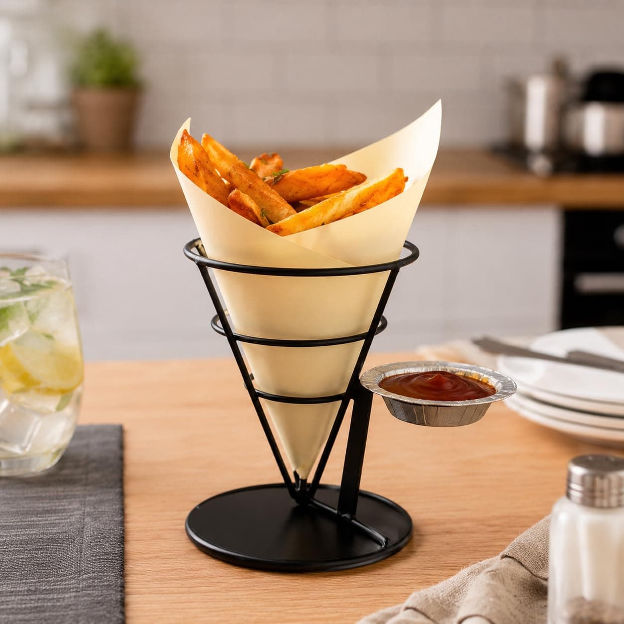 MFU-MADE FOR YOU French Fries Cone Snacks Display Stand | Iron Fries Basket & Holder for Fish & Chips, French Fries, Ice Cream, Appetizers & Finger Foods | Restaurant-Style Serving Rack (Pack of 1)