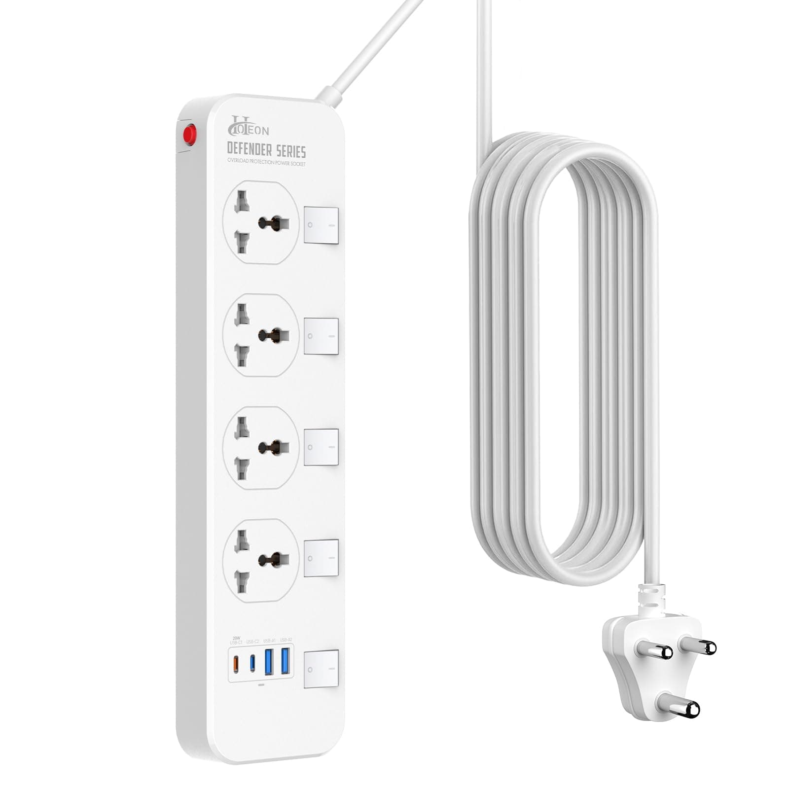 Hoteon Extension Board with USB Slots, 2500W/10A Individual Switch Power Strip, 4 Way Outlets 2 Type C & 2 USB A Ports, Universal Spike Guard Sockets with Safety Shutter, 5Mtr Cable (3 Pin White)