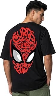 Veirdo Men's Black & White Friendly Neighborhood Spiderman Pure Cotton Typographic Printed Half-Sleeve Fashionable & Stylish Oversized-Fit T-Shirt for Men/Boys