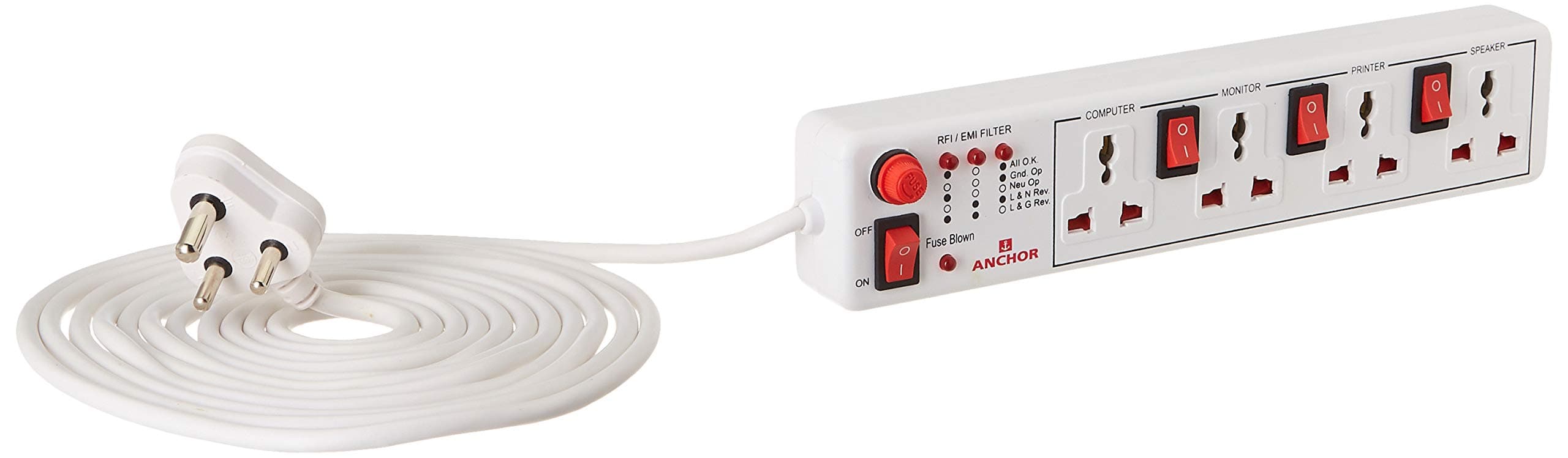 Anchor by Panasonic Spike Guard- 4 Universal Socket Shutter with Individual Switch - 4 Mtr (22569)