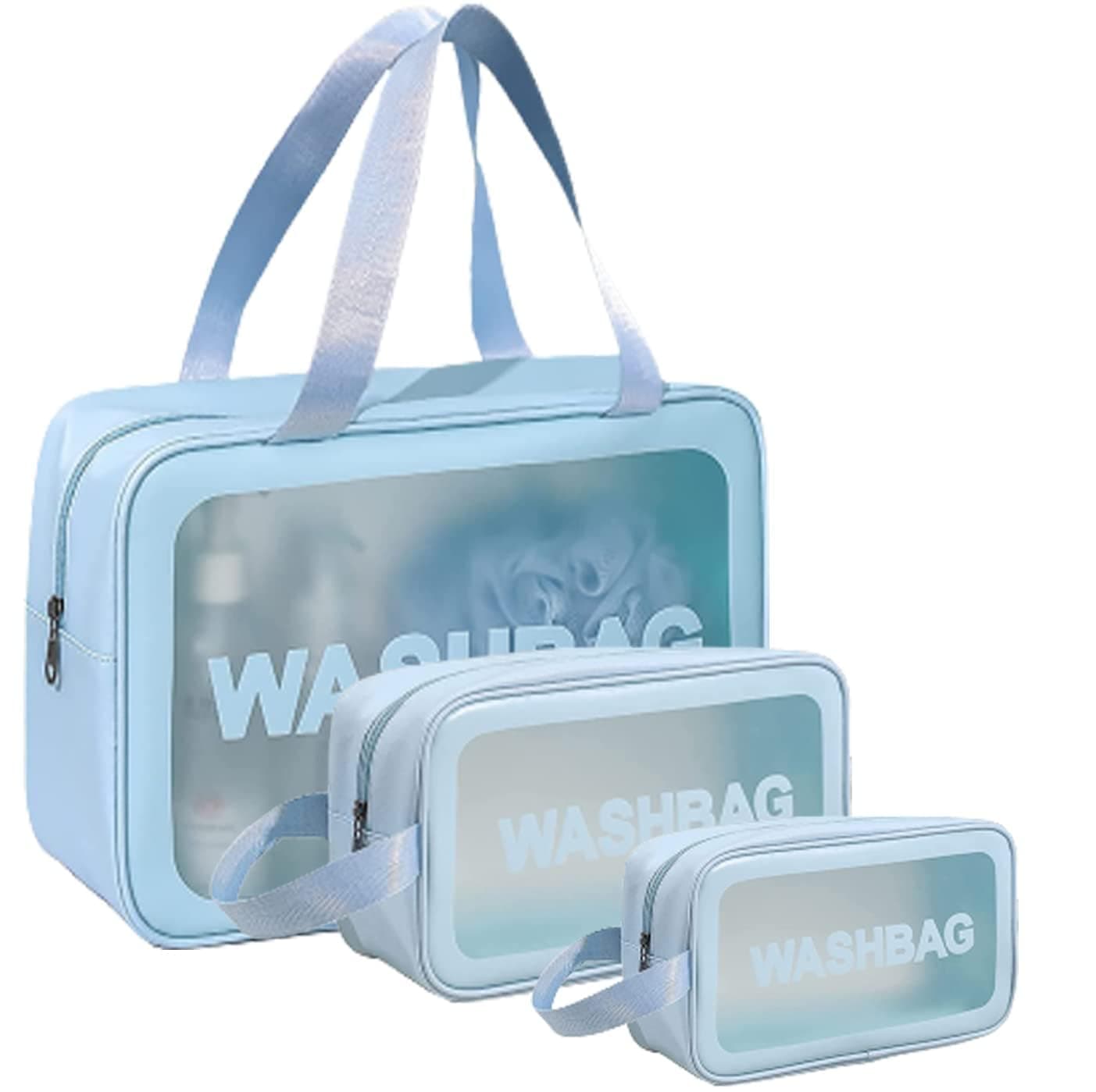 Vrati Creation Makeup Travel Pouch Set of 3 – Portable Cosmetic Bags for Toiletries, Brushes & Makeup – Waterproof Washbag Organizer for Travel & Daily Use – Multipurpose Zipper Pouch Kit (Blue)