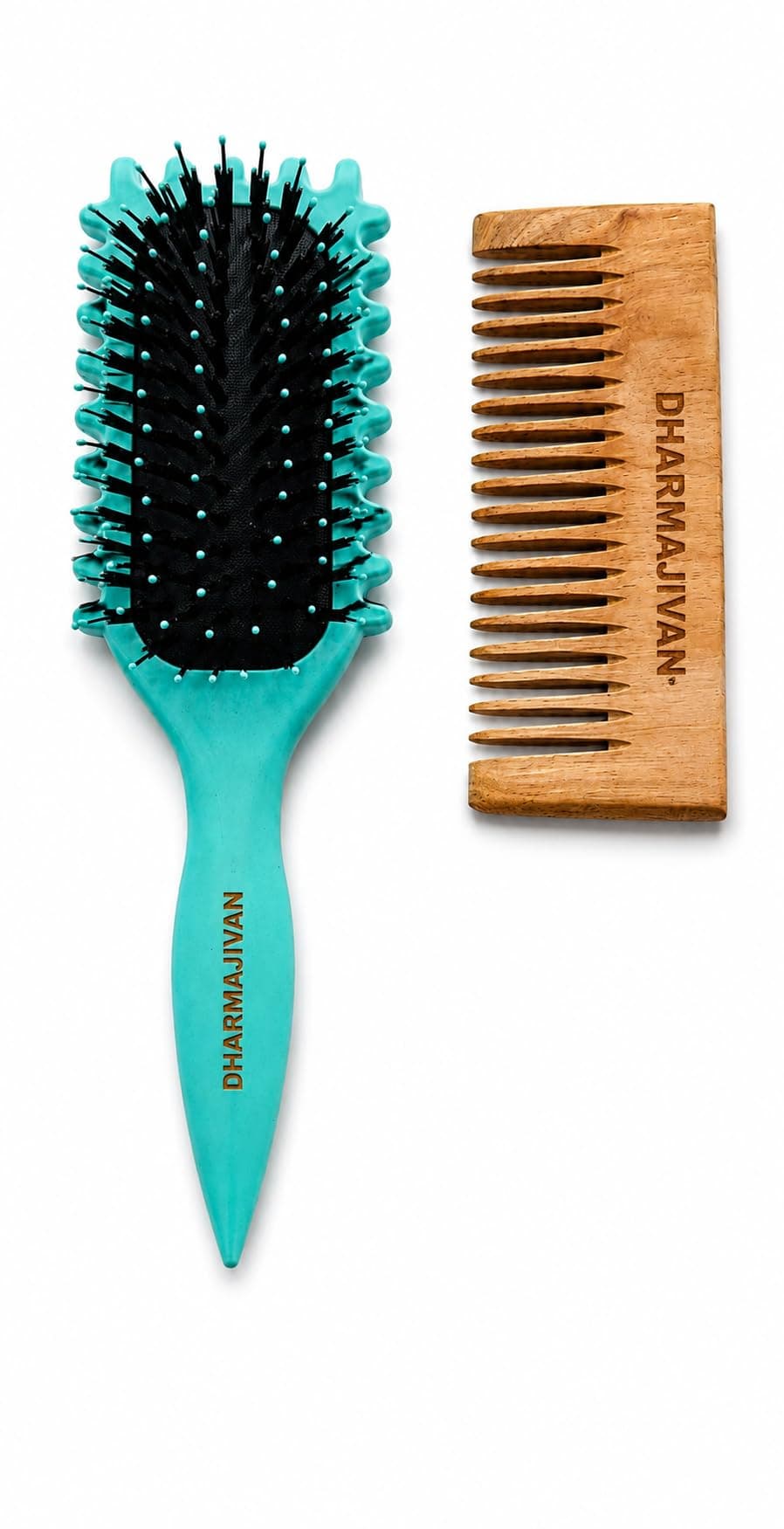 DHARMAJIVAN Hair Brush and Wooden Comb Combo for Men Women Kids | Detangling Paddle Hair Brush with Scalp Massager | Wide Tooth Wooden Hair Comb | Anti Hair Fall Hair Care Combo Pack of 2