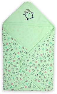 LuvLap Cotton Hooded Wrapper - Baby Towel for New Born | Big Size 75cm x 75cm | Soft, Safe & Skin-friendly | Perfect for Newborns 0-12 Months | Lightweight & Travel Friendly, Penguin Print - Sea Green