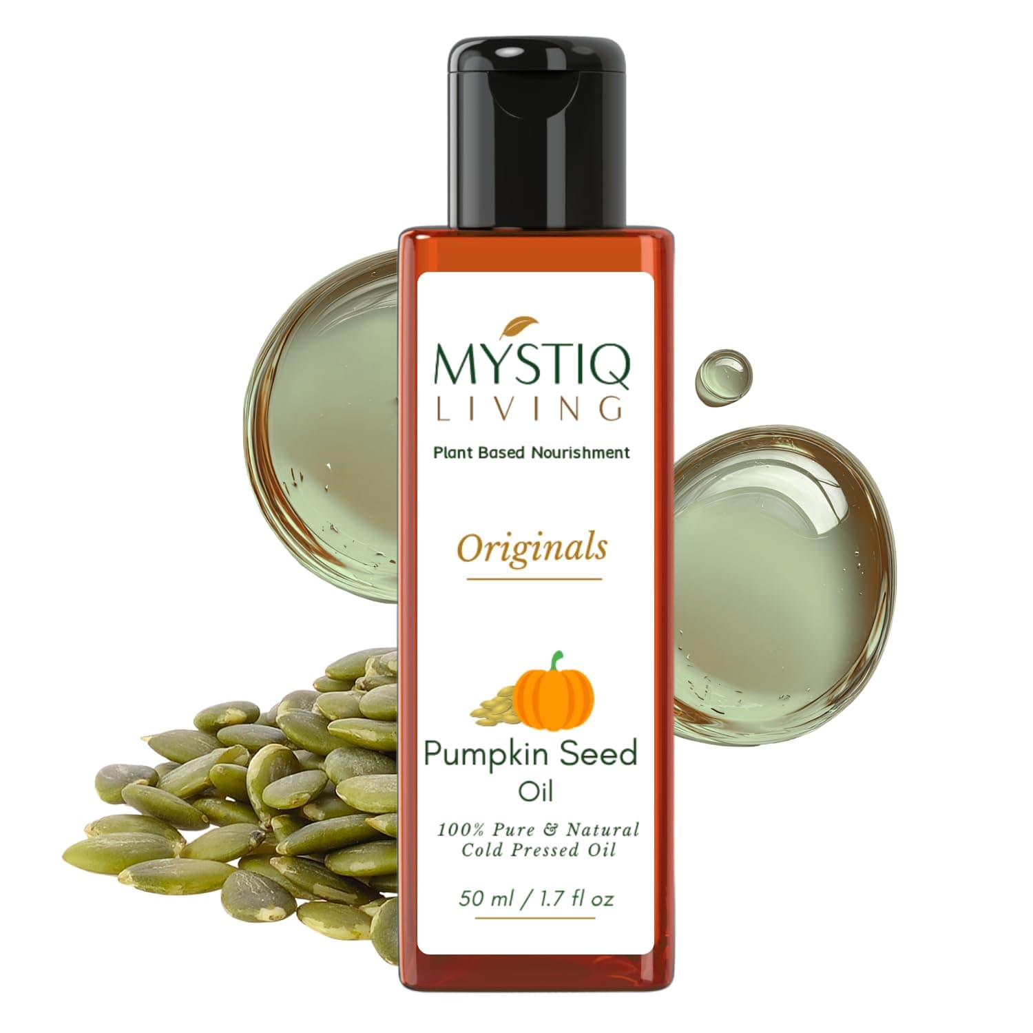 Mystiq Living Pumpkin Seed Oil for Hair Regrowth & Hairfall Control – 50ml | Cold Pressed, Third-Party Tested | Rich in Zinc, Omega 3, 6 & Vitamin E | DHT Blocker for Hair, Skin & Scalp
