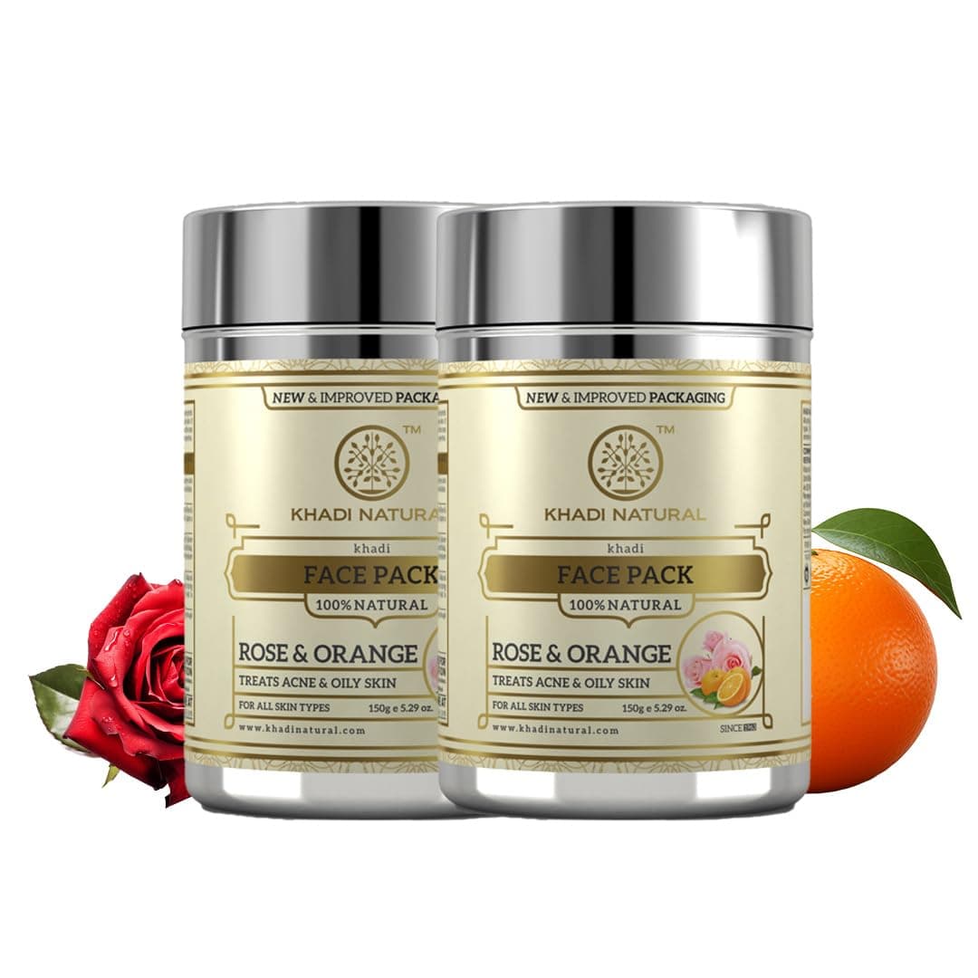 Khadi Natural Rose & Orange Face Pack | Herbal Face Pack for Fresh & Glowing Skin | Helps Cleanse & Exfoliate Skin | Gentle Skin Care Formula | Free from Harsh Chemicals | Suitable for All Skin Types | Pack of 2 | 50g Each
