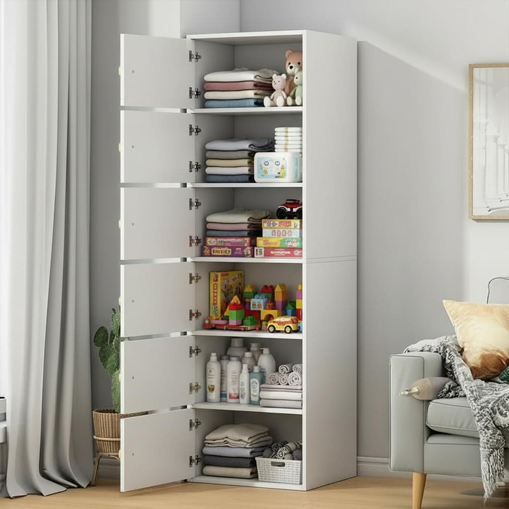 EXVITO Engineered Wood Wardrobe for Bedroom | Foldable 6-Shelf Wooden Storage Cabinet | Cupboard Almirah for Clothes | Collapsible Wardrobe | Space Saving Wooden Cabinet - White