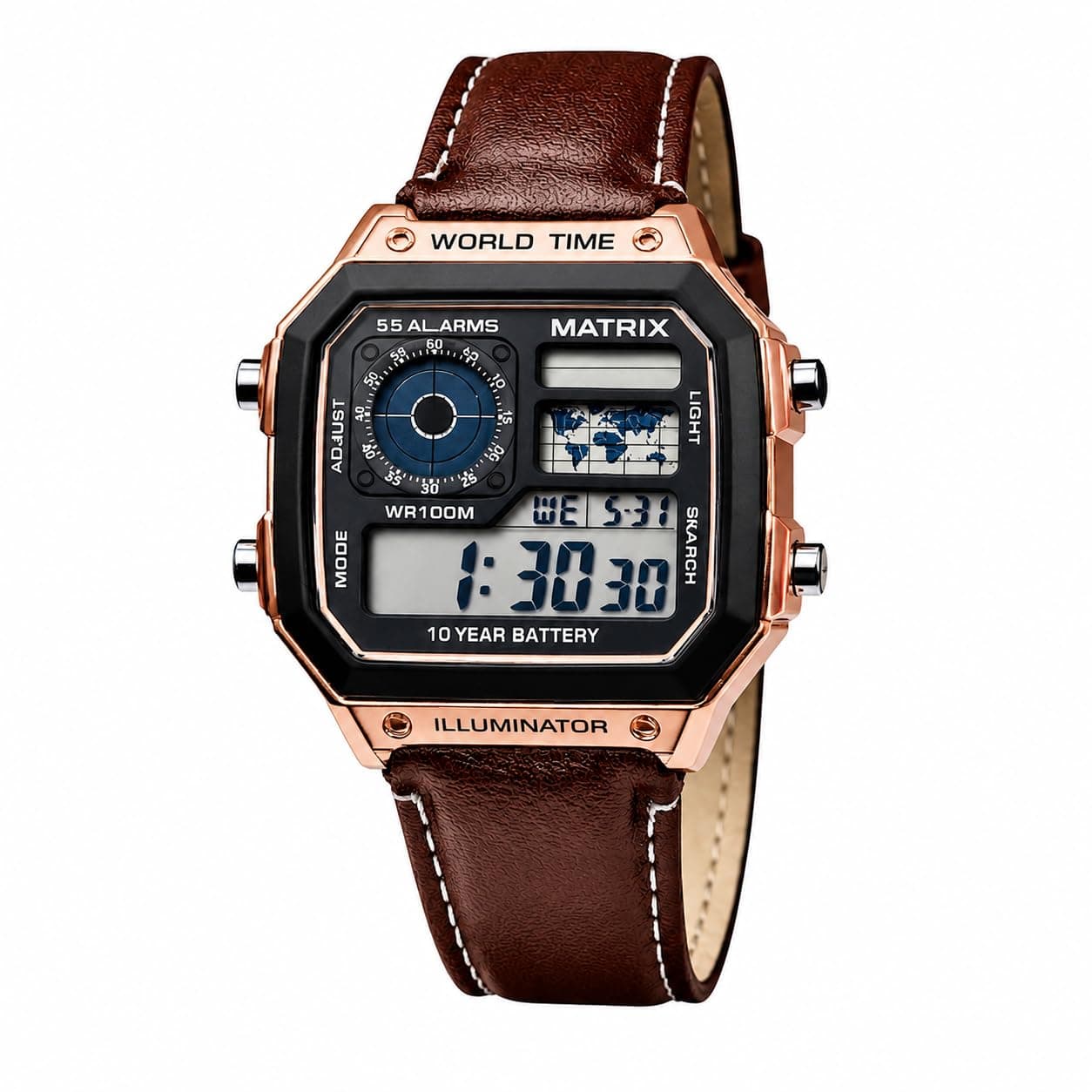 Matrix Illuminator Leather Strap Digital Watch with Alarm, Stopwatch, World Time | for Men & Women