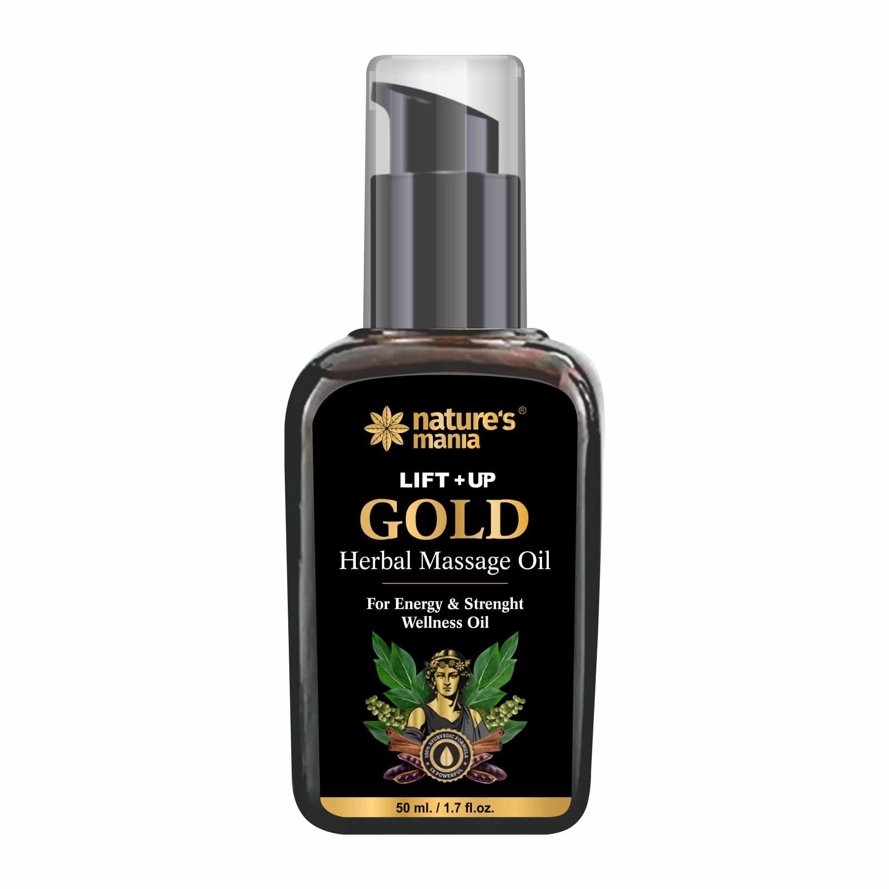 Nature Mania Lift-Up Gold Oil for Men | Ayurvedic Body Massage Oil with Ashwagandha, Satawar, Loung & Musli | 50ml