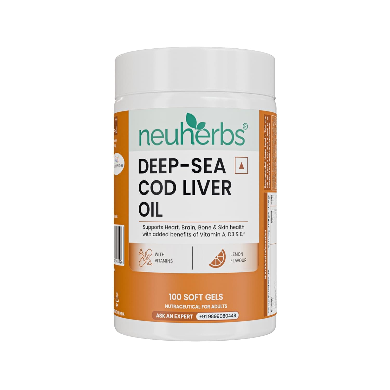 Neuherbs Deep Sea Cod Liver Oil Omega 3 Supplement With Vitamin A, D3 & E | Supports Heart, Brain, Bone & Skin Health | Fish Oil for Men & Women | No Fishy Burps With Lemon Flavour - 100 Softgels