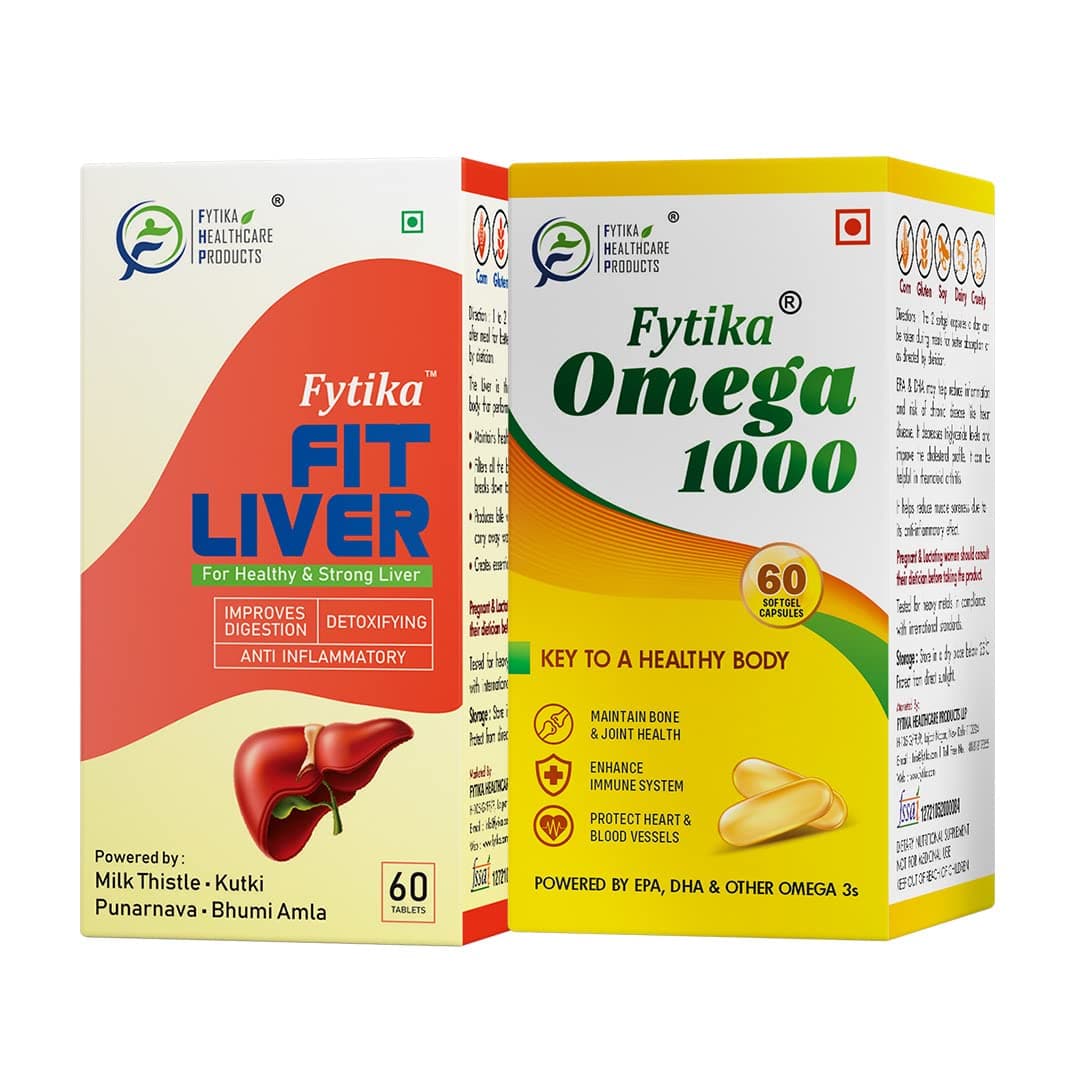 Fytika Fit Liver + Fytika Omega 1000 (Combo Pack) | Milk thistle 200mg, Kutki50mg, Punarnva25mg, Bhumi Amla 25mg & Probiotics | Omega 3 1000mg, EPA 360mg + DHA 240mg & Fatty Acids 400mg