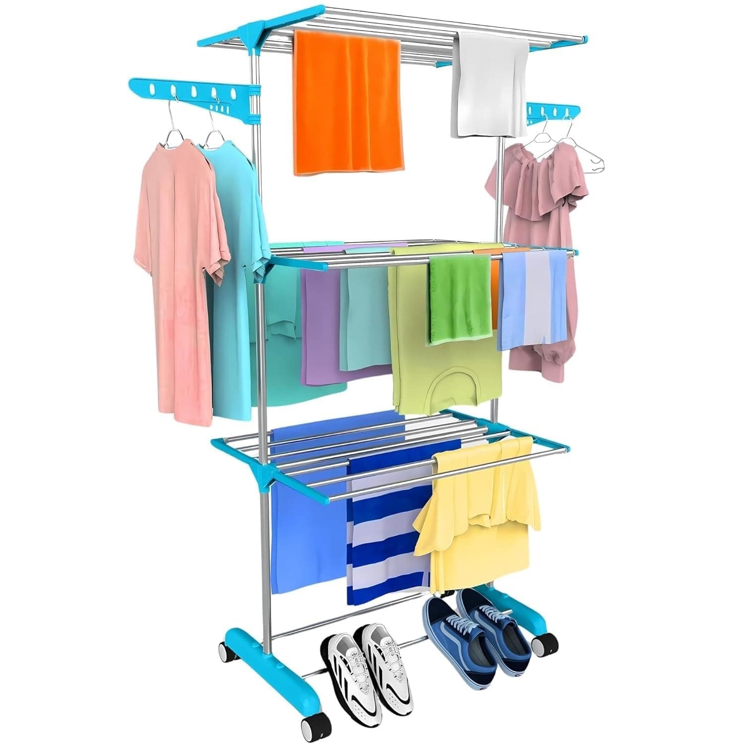H Houseware Single Pole Stainless Steel 3 Tier Cloth Drying Stand with Wheels | Lightweight Clothes Dryer & Laundry Rack | 43.2D x 78.7W x 165H cm | Rustproof & Portable (White) (Blue)