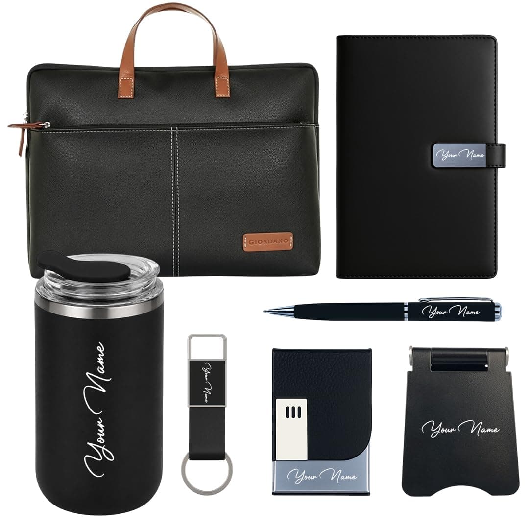 Giftana 7 in 1 Laptop Bag with Personalized Diary & Pen, Keychain, Card Holder, Mobile Stand, Coffee Tumbler 350ml, Customized Gift for Husband, Employee Welcome Kit, Corporate Gift for Employees (Black)
