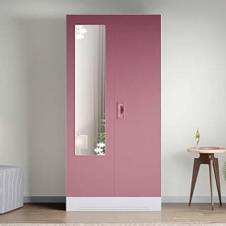 Interio by Godrej Almirah Slimline 2-Door Steel Almirah, Cupboard for Clothes (Royal Ivory and Dusty Rose), 1-Year Warranty, 4 Shelves, 1 Drawer, 1 Locker, Star Design Mirror