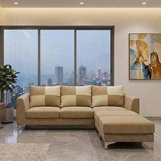 Remi 4 Seater L Shape Sofa Set with Movable Ottomans | Flexible Layout | Rich Velvet Suede Fabric | Silver Legs | Modern Sofa for Living Room (Beige)