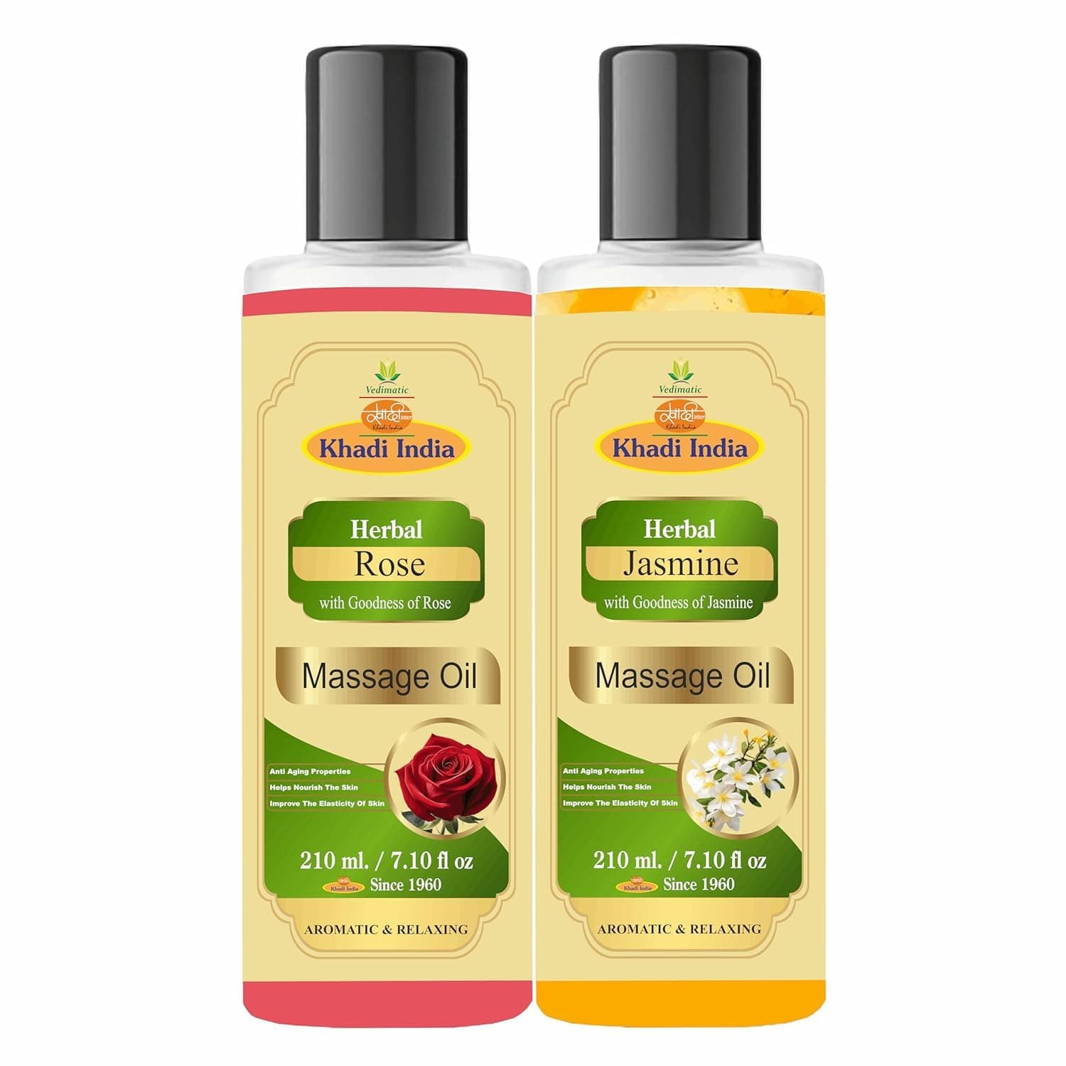 Khadi Natural Ayurvedic Massage Oil With Almond, Jojoba, Wheatgerm Olive, Sesame, Vitamin E Oil (Pack Of 2 (420ml), Rose & Jasmine)