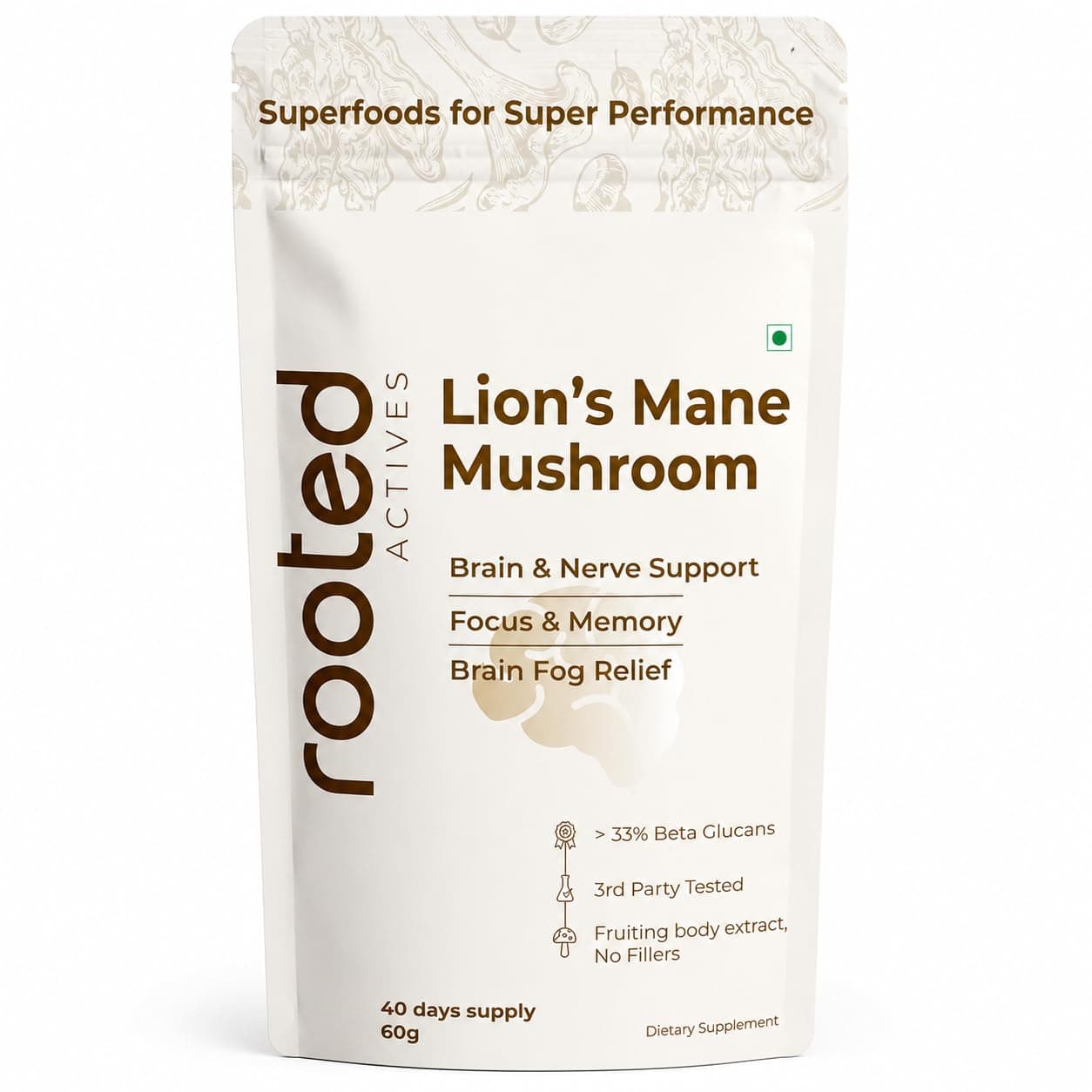 Rooted Actives Lion’s Mane Mushroom 60g | 33%+ Beta Glucans | 100% Fruiting Body Extract | Cognitive Support for Focus & Memory | Third Party Tested