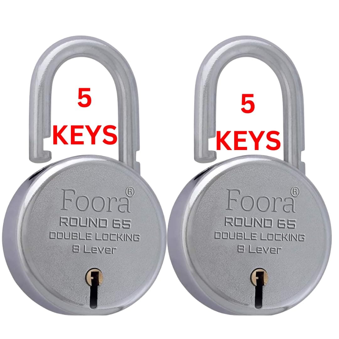 Foora Round 65mm Lock and Keys -Heavy Duty Shackle Padlock for Home, Gate, and Shutter - Metal Body, Double Locking 8 Steel Lever with 5 Silver Keys - Silver Finish, Made in India, Pack of 2
