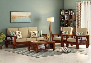 SM ARTS Solid Sheesham Wood 5 Seater Sofa Set with Center Table for Living Room | Wooden 3+1+1 Sofa Set with Coffee Table for Home | Five Seater Sofas with Storage & Cream Cushion | Honey Finish