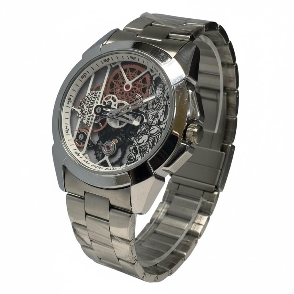 Shree Ram Skeleton Watch, Ayodhya Mandir Theme, Mechanical Look Quartz, Stainless Steel Metal Bracelet, Round Dial with Deity Engraving for Man and Boyes