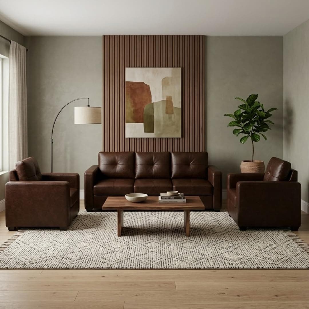 FURNY Harloy 5 Seater Leatherette 3+1+1 Sofa Set (Brown) in Premium Finish | Durable Comfort | Ideal for Living Room