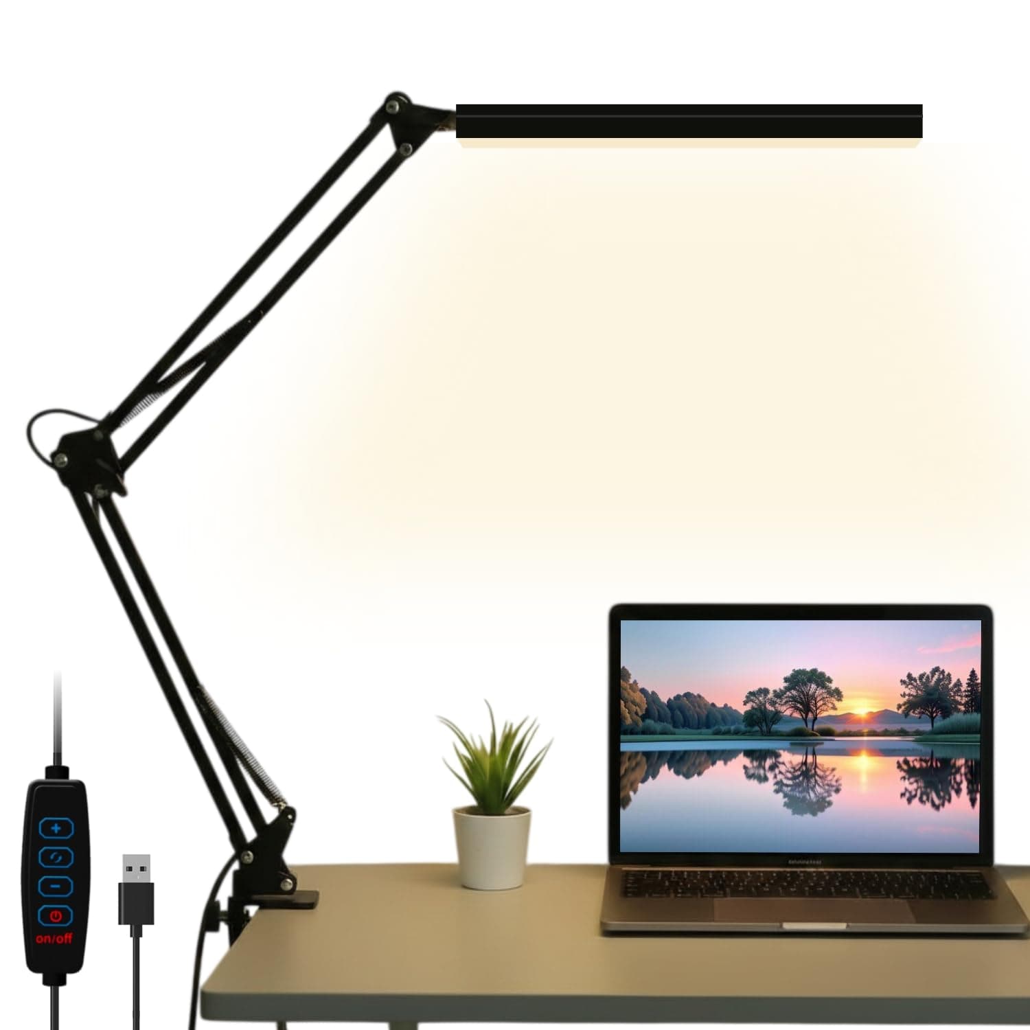 Dyazo Overhead Long Arm LED Desk Lamp | 360°Adjustable Swing Arm Clamp | 3 Color Modes & 10 Brightness Levels | Eye Caring 12W Table Light for Home, Office, Reading, Study with Memory Function (Black)