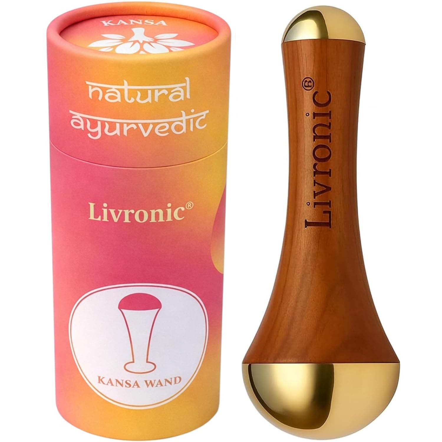 Livronic® Premium Bronze Kansa Wand | 2-in-1 Ayurvedic Facial & Foot Massage Tool | Teak Wood Handle for Detoxification, Relaxation & Puffiness Reduction,Full Body Massage,Sculpting Tool (Dual Side)