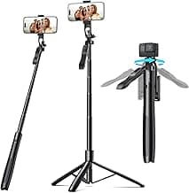 Mobilife Long Selfie Stick Tripod 360° Rotation Balance Handle 62" Extended Mobile Tripod Aluminum Bluetooth Remote 3 in 1 Selfie Tripod for Vlog Travel Smartphone Mirrorless Camera GoPro
