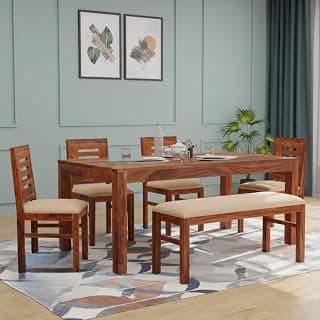 RECTART Solid Sheesham Wood Dining Table Set 6 Seater for Dining Area Living Room | 4 Chair & 1 Bench | Hotel/Restaurant Dining for Six People | (Natural Teak Urban White, 6 Seater with Bench)