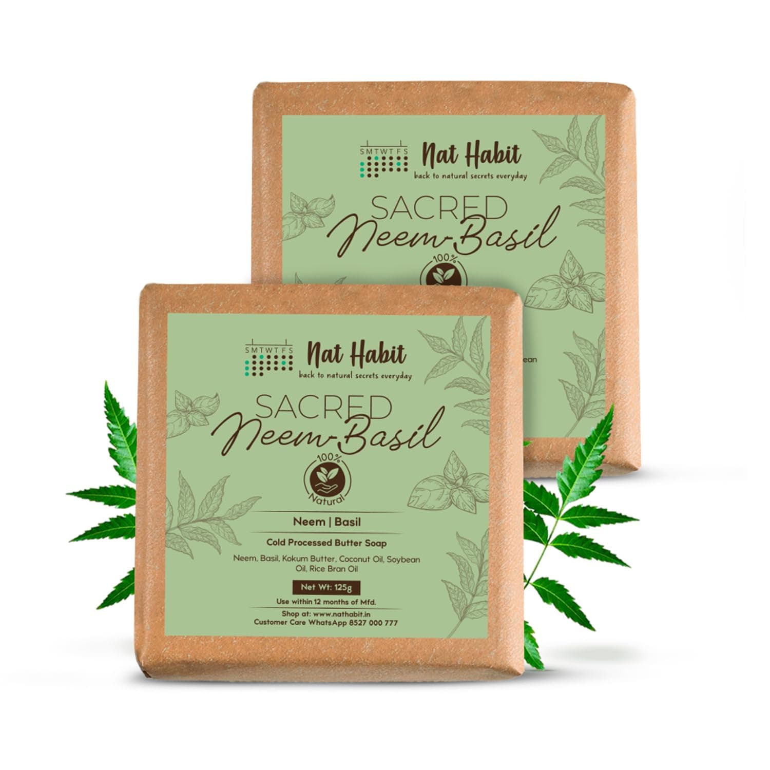 Nat Habit Neem Basil Butter Soap|Cold Processed Ayurvedic Soap with Neem Actives|Antibacterial, Herbal Soaps for Bath|Anti-Inflammatory Handmade Neem Soap Bar|Essential Oils for Body Acne| 125g x 2