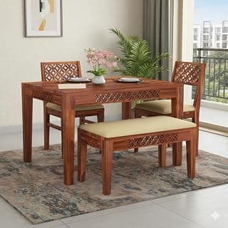 KENDALWOOD Furniture | 1 Year Warranty | Dining Table (34x34) with 2 Chairs 1 Bench | 4 Seater Dining Set | Wooden Dining Table with Chair |Honey Finish with Cream Cushions -DIY(Do-It-Yourself)