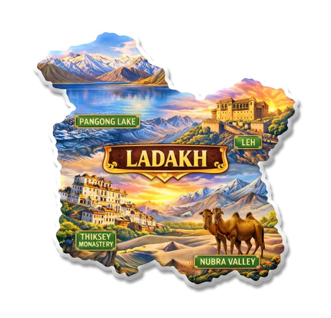 Ladakh Indian UT Theme Souvenir Die-Cut Fridge Magnet for Refrigerator – Pangong Lake, Leh Palace & Nubra Valley Design, Multicolor (Set of 1)