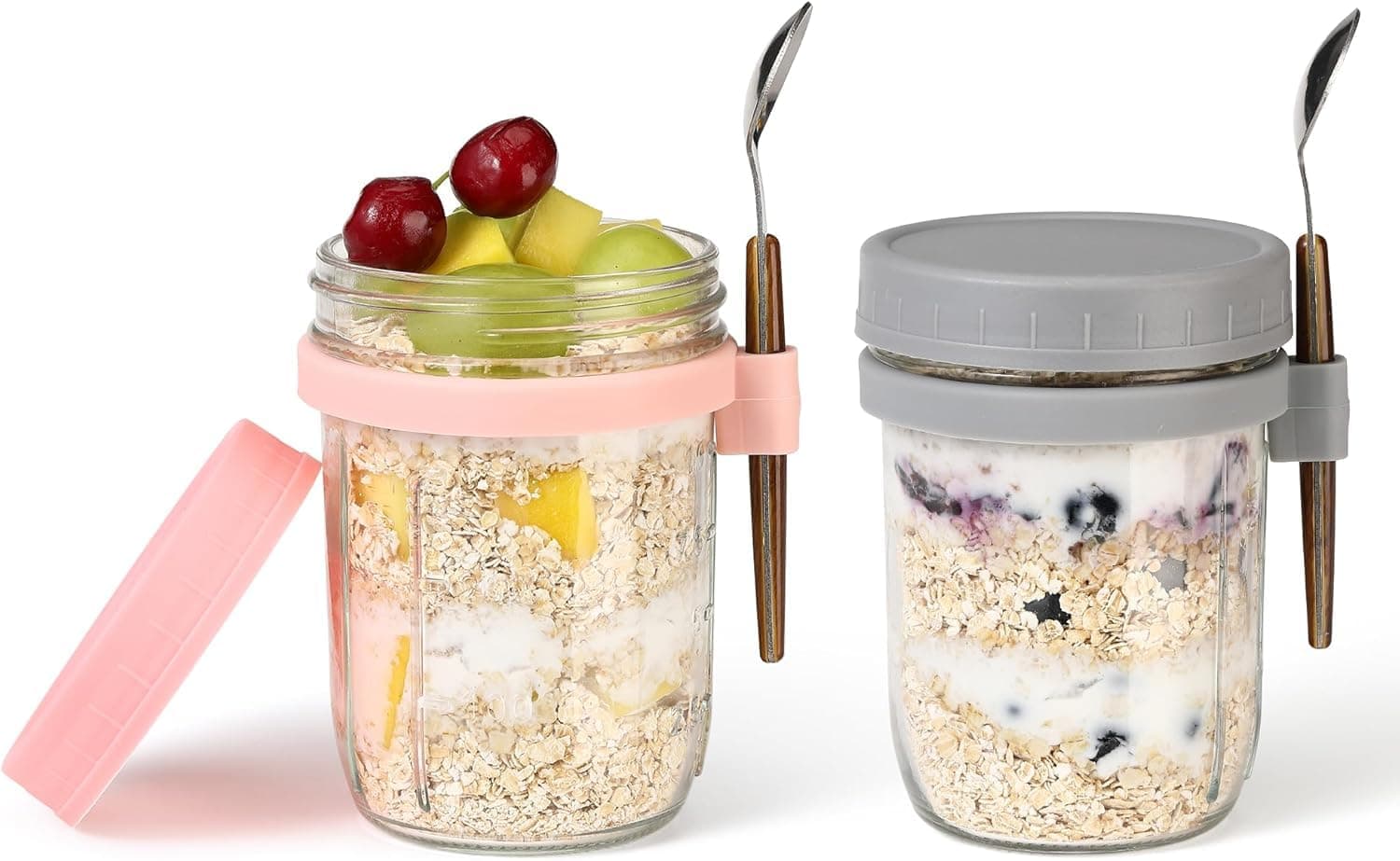 FWQPRA 350 Ml Airtight Overnight Oats Jar with Spoon & Lid, Glass Oatmeal Container Jar for Cereal Fruit Vegetable Milk Salad Yogurt, Mason Jars with Measurement Marks (Pack Of 2), Multicolor