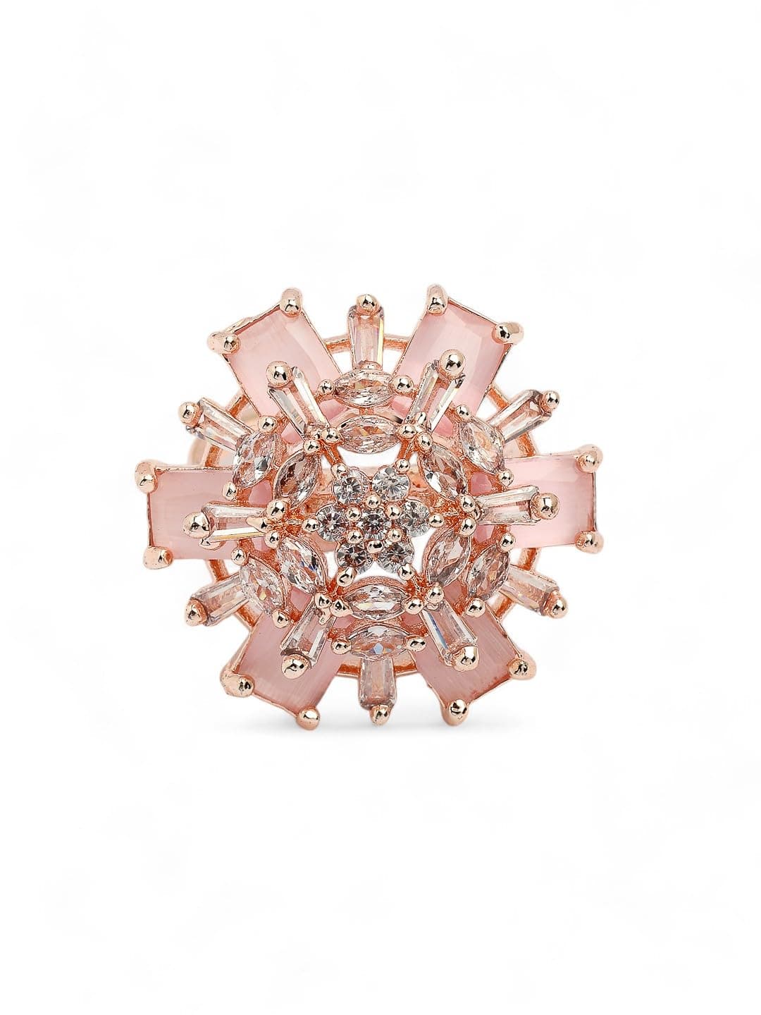 Adiva Rose Gold-Plated & Pink AD Stone-Studded Brass Adjustable Finger Ring For Women & Girls