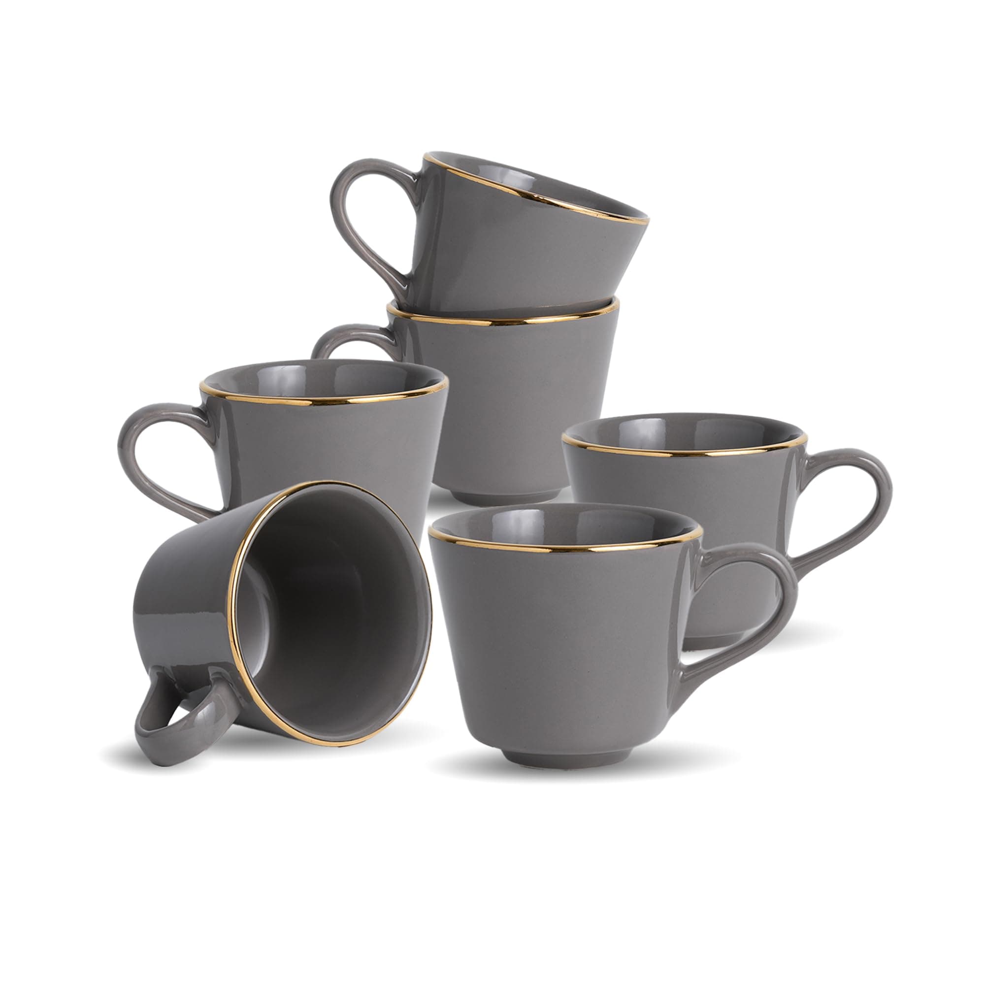 Shay Ceramic Tea Cup Set, Set of 6, Grey with Real Gold Line, 180ml | Cup Set of 6 for Tea | Glossy Finish | Premium Ceramic | Tea Cup Set of 6 (Tea Cups - Grey Gold Line)