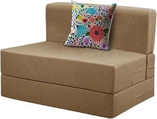 Rosebell - One Seater Sofa Cum Bed, Foldable Sofa Bed 3 X 6 Feet, Jute Fabric- Washable Cover- Including 1 Cushion Perfect for Home & Office - Golden-Color