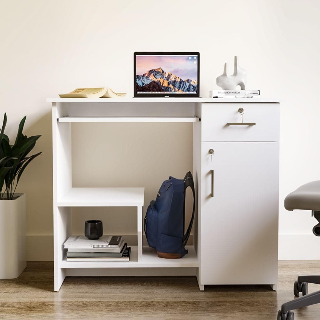 Amazon Brand - Solimo Buker Engineered Wood Computer Desk with Storage Cabinet and Drawer | Multi-Purpose Study Table | Office Table | 1 Year Warranty - White