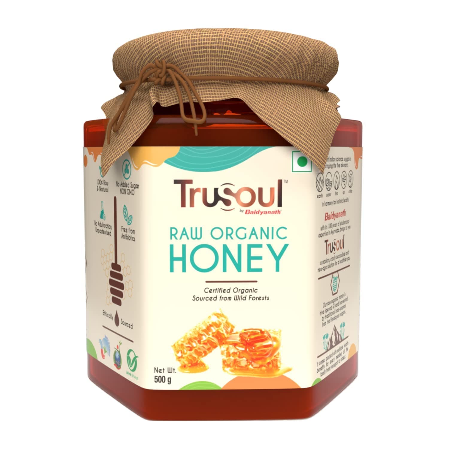 Baidyanath Trusoul Raw Organic Honey - 500gm | NPOP Organic Certified, Sourced from Himalayas | Raw & Natural | No Added Sugar | Unprocessed, Unpasteurized (Pack of 1)