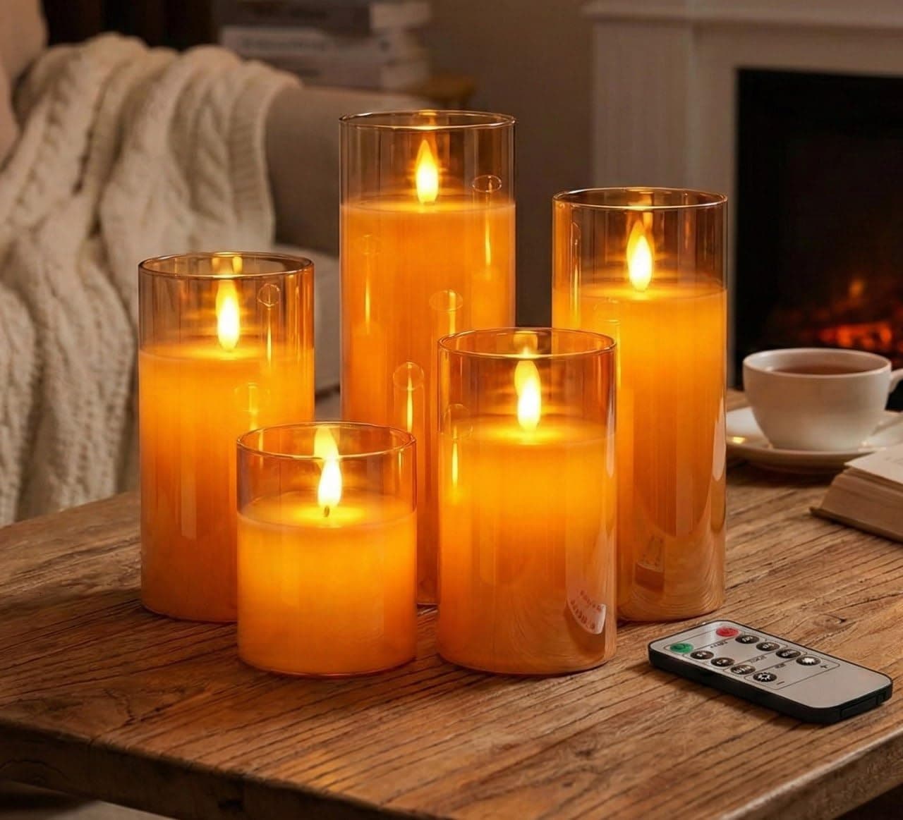LTETTES Set of 5 Premium LED Amber Glass Cup Pillar Candles with Real Wax with Moving Faux Wick | Battery Powered with Remote Controller | 3" H x4,5,6,7",8" Dia | Ideal for Home Decor and Gifting