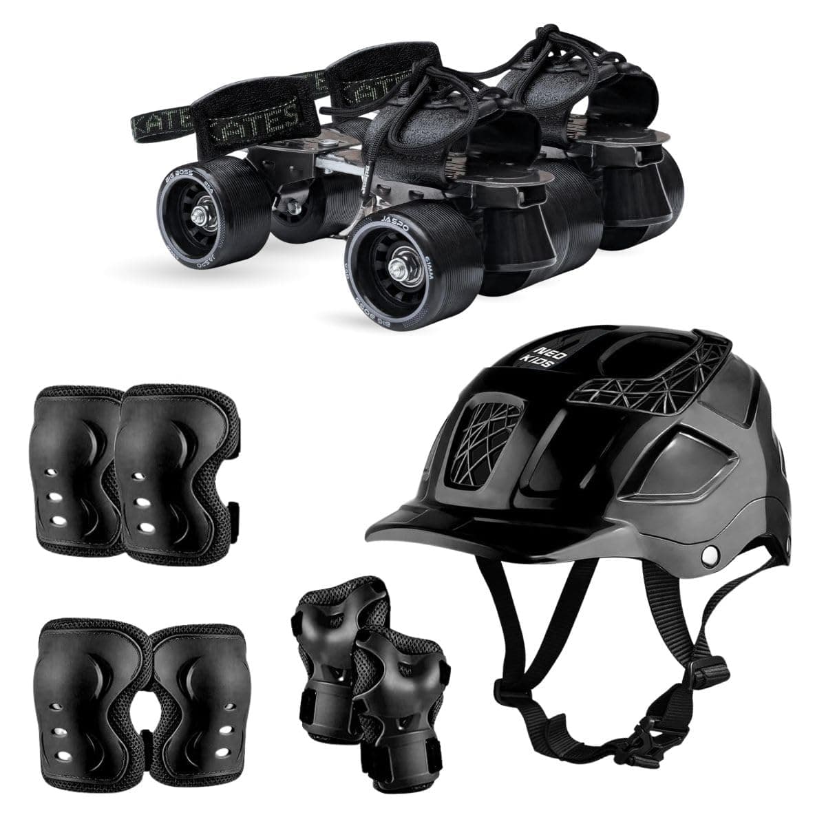 Jaspo Big Boss Adjustable Quad Roller Skates Full Combo with Helmet, Knee, Elbow and Wrist Guards for Kids and Adults (6 Yrs & Above),Indoor Outdoor Wheels,Metal Body (21-27 cm Foot Length)