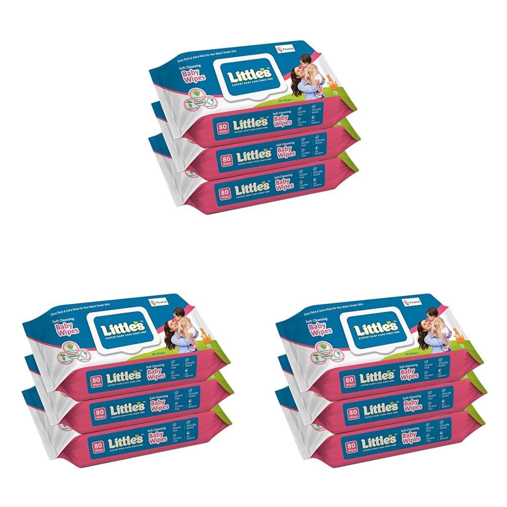 Little's Soft Cleansing Baby Wipes with Lid | 80 Wipes x Pack of 9-240 Wipes | Extra Thick & Moist Wet Wipes for Baby's | Prevents Rashes & Redness with Goodness of Aloe Vera, Vitamin E & Jojoba Oil
