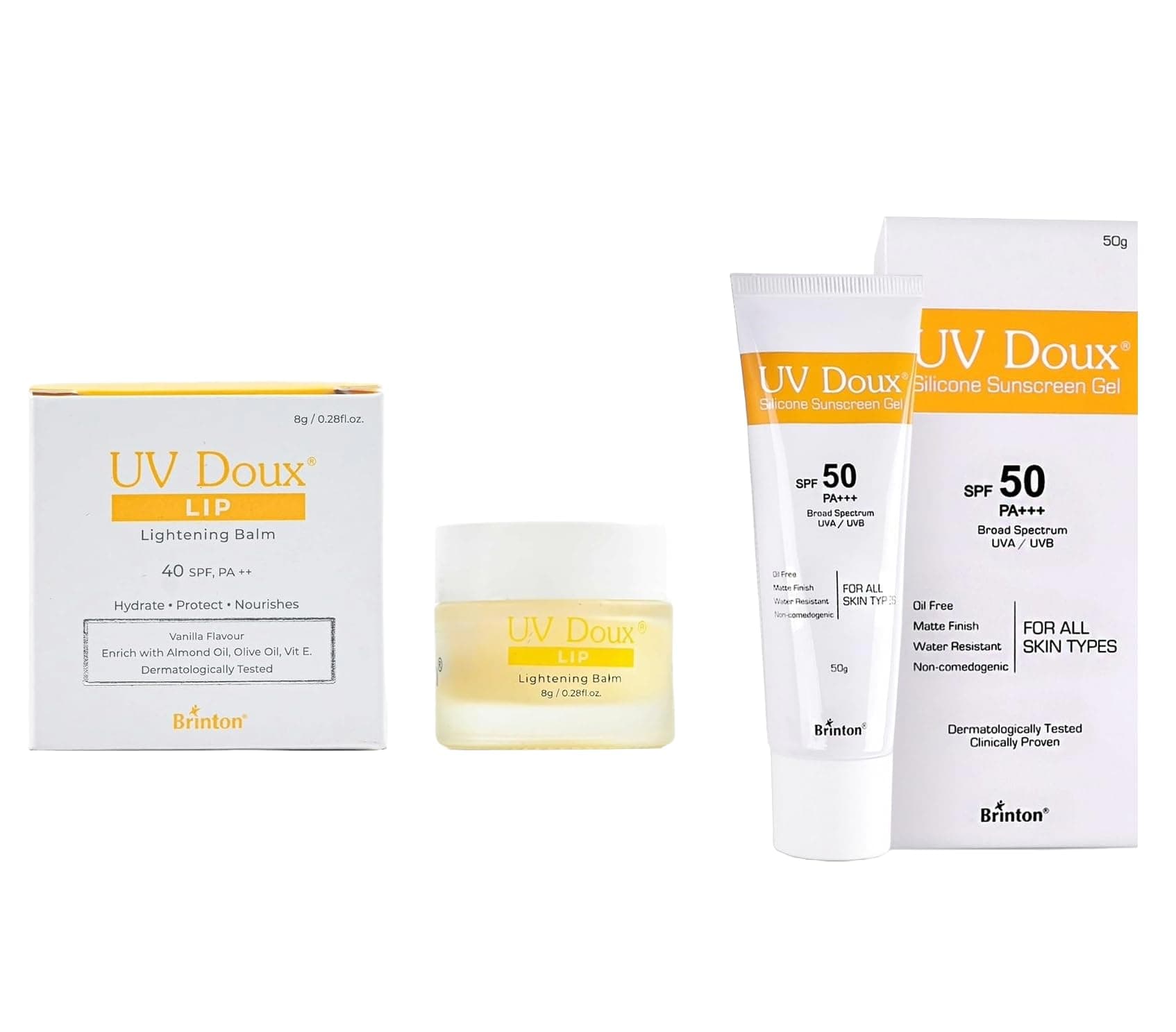 Brinton UV Doux Lip Lightening Balm With SPF 40 PA ++,8 G And UV Doux Face & Body Sunscreen Gel Suitable for All Skin Types With SPF 50 PA+++ 50G