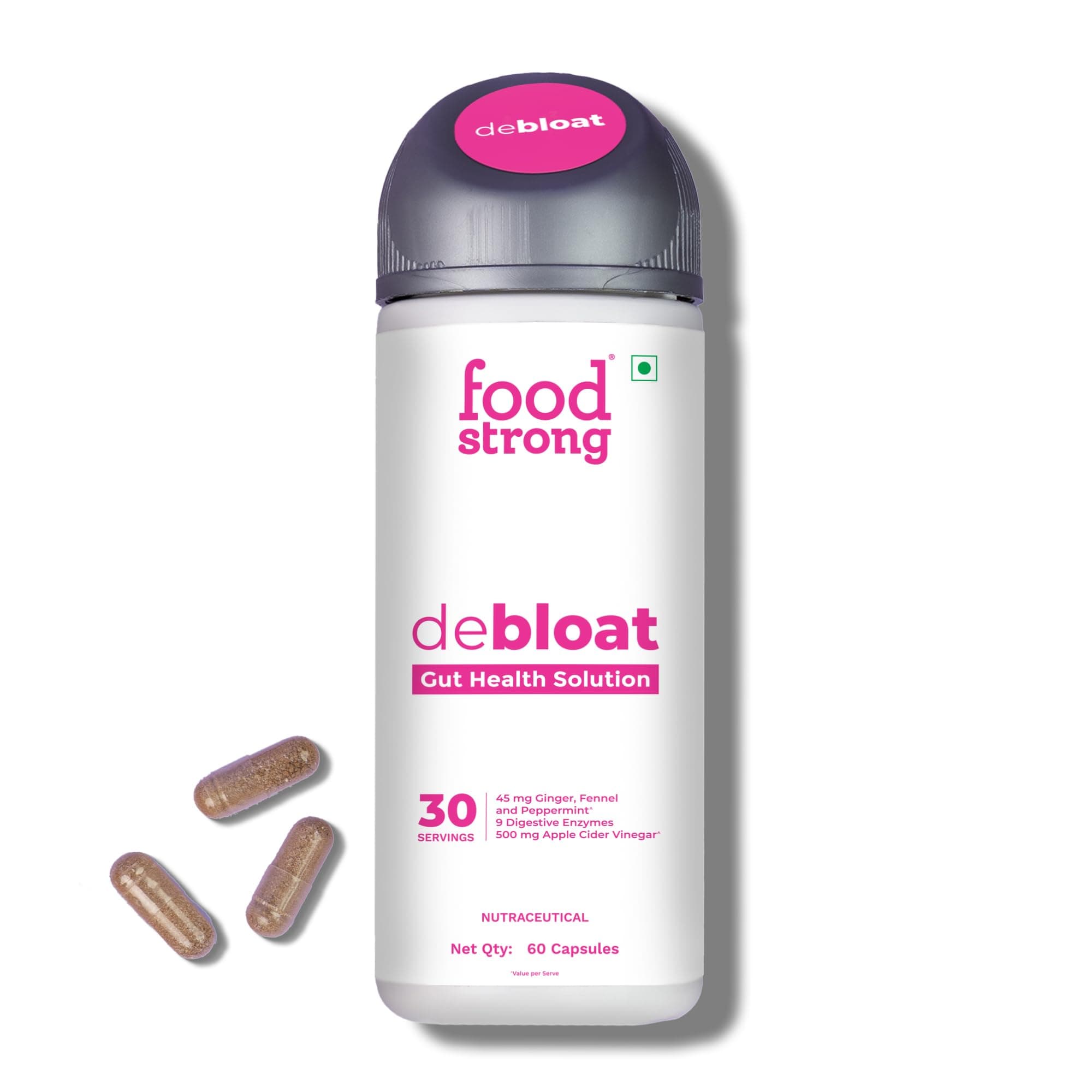 Foodstrong Debloat Gut Health Solution | Supports Gut Health with Digestive Enzymes, Ginger, Fennel, Peppermint & Apple Cider Vinegar - 60 Capsules | 30 Servings