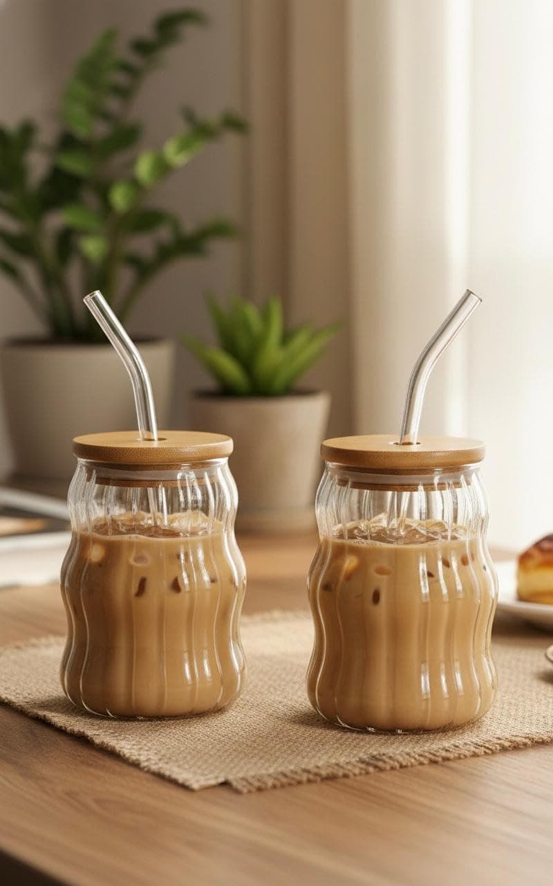 Bien Verrerie Wave Shape Stripped Glass Coffee Tumbler (Pack of 2) with Wooden Lid and Straw, 550 ml, Transparent | Glass Tumbler for Coffee, ice Tea, Milk Shakes, Smoothies and Other Beverages