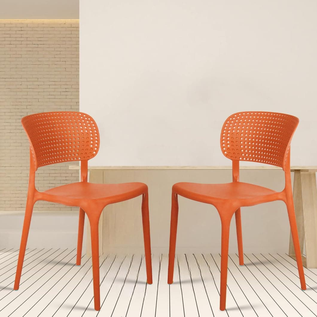 ROSE® Eva Cafe Elegant Grey Plastic Cafe Chairs | Dining Chairs with Backrest | Comfortable Restaurant & Outdoor Seating | Stacking Chairs (Orange (Set of 2))