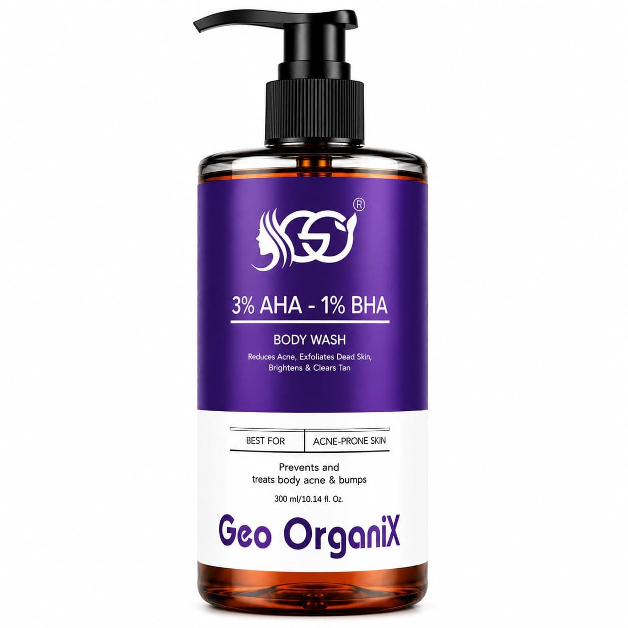 Geo OrganiX AHA BHA Body Wash with 3% Lactic Acid, 1% Salicylic Acid & 1% Glycolic Acid | Exfoliating Body Cleanser for Body Acne, Rough Texture, Tan Removal & Smooth Skin | 300 ml