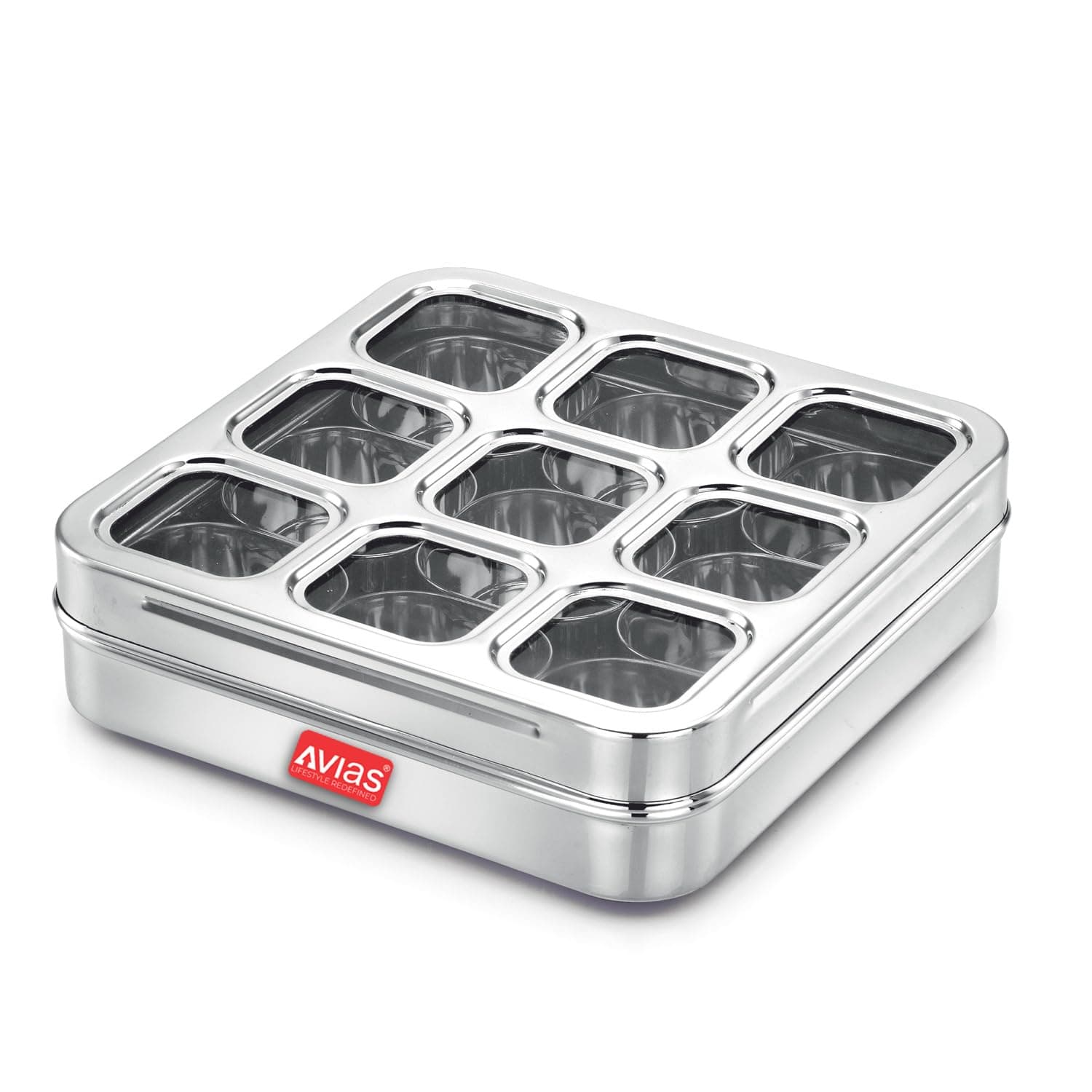 AVIAS 9 Square Stainless Steel Masala Box for Kitchen, Spice Box with See-Through Lid, 9 Containers Masala Dani/Dabba, Dry Fruit Organiser, Food Grade Rust-Free Steel, Design Large 25.4cm, Silver