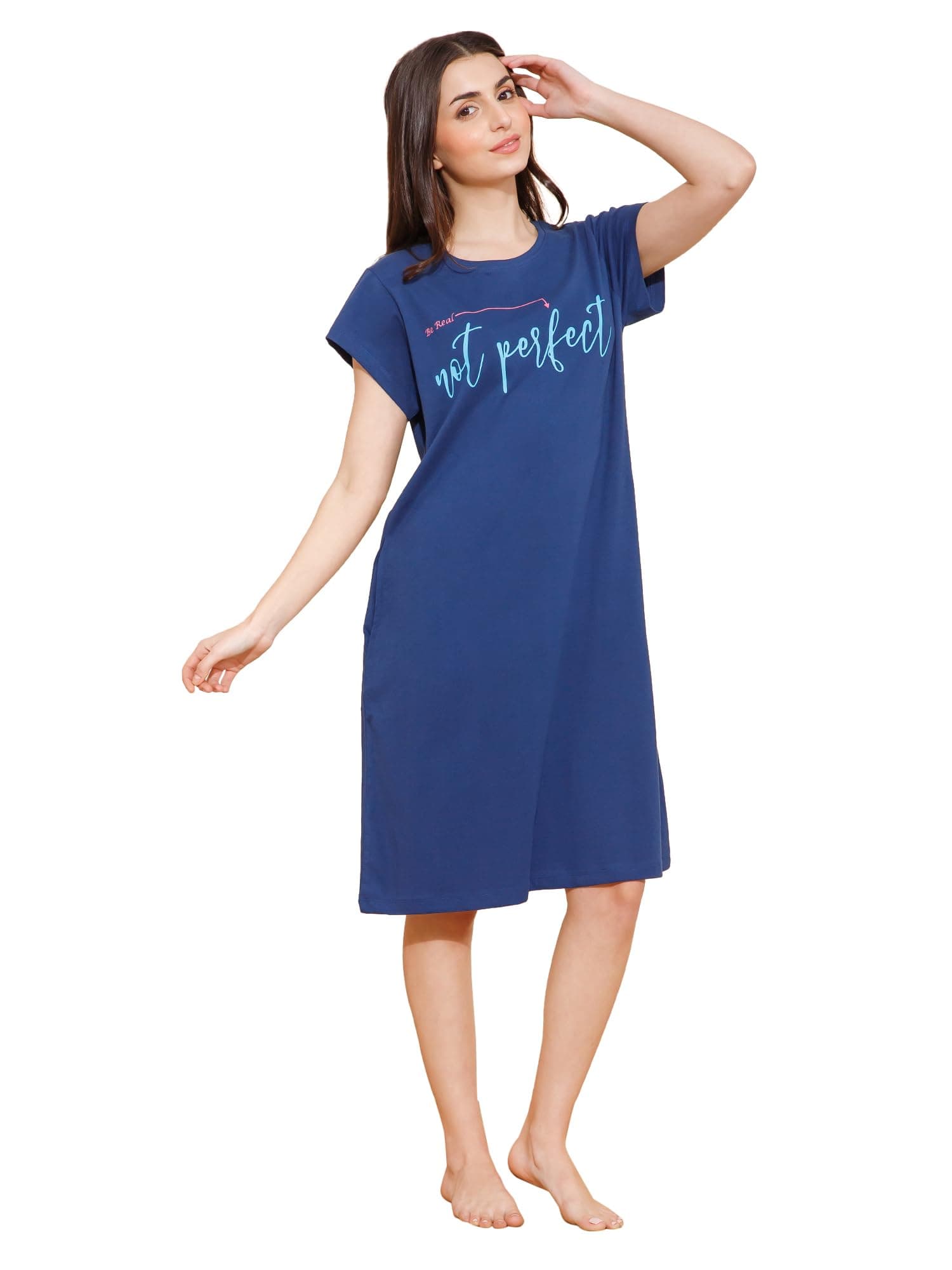 Mushy Mod Women's Cotton Chest Quote Print Knee Length Night Dress/Night Gown/Short Nighty - MM-3106-1