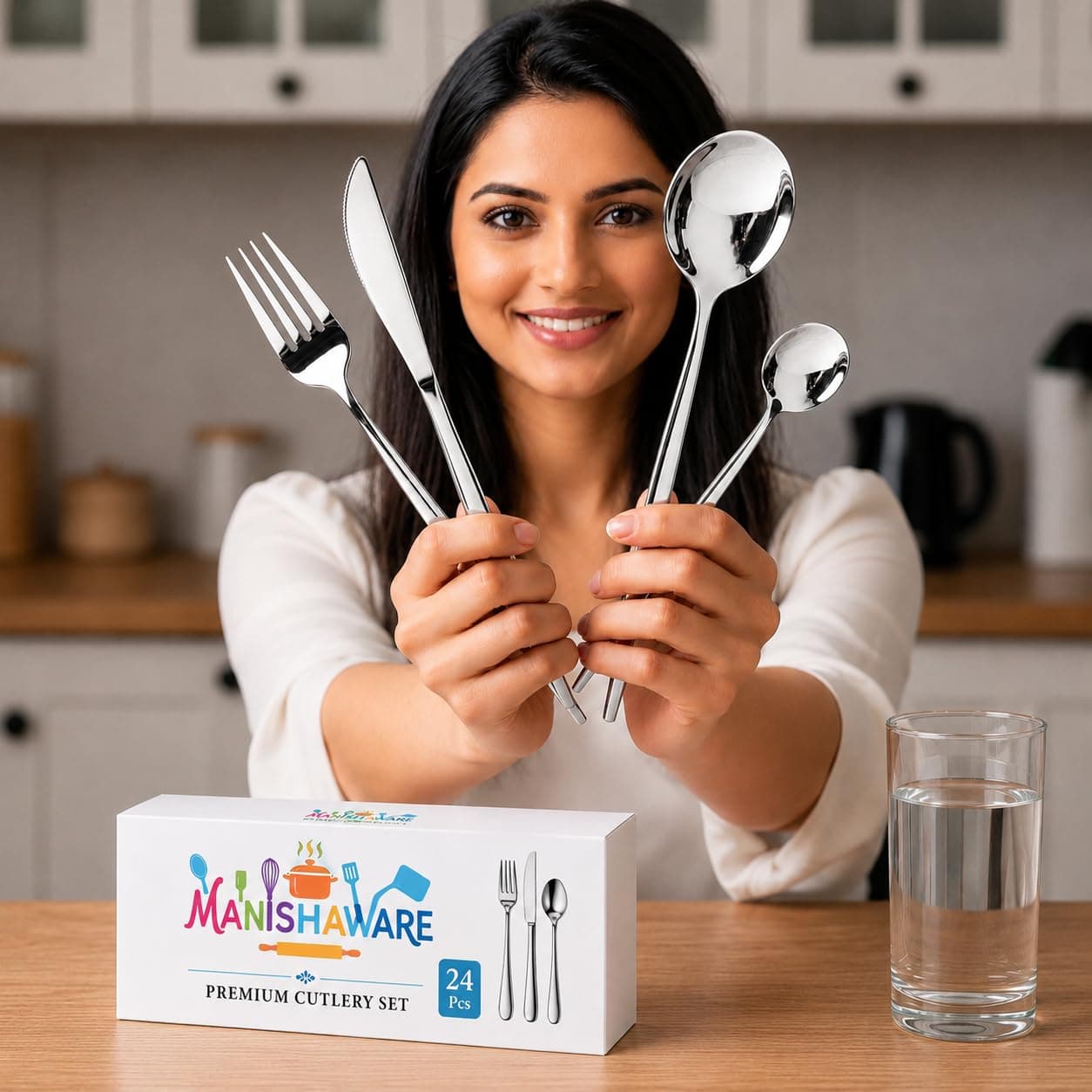 Manishaware Slim Handle Silver 24 Pcs Stainless Steel Cutlery Set for Dining Table, Dishwasher Safe Glossy Flatware (6 Spoon Set + 6 Forks Set + 6 Butter Knife + 6 Dessert Spoon)