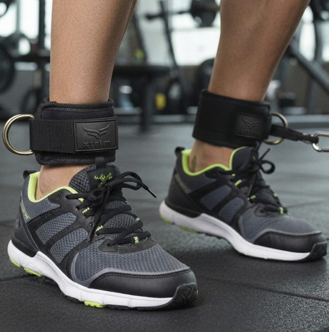 XTRIM Unisex Stylish Ankle Straps with Metal D-Rings for Cable Machine, Kickbacks and Glutes Workouts, Adjustable Ankle Straps, Curls & Hip Abductors with Padded Neoprene Support (Black)